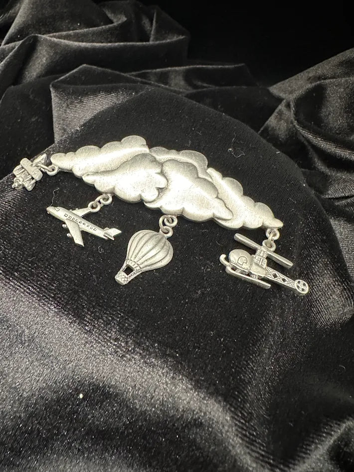 JJ Signed Airplane Brooch Cloud Dangle Pin Jonette Jewelry Hot Air Balloon Helicopter Whimsical