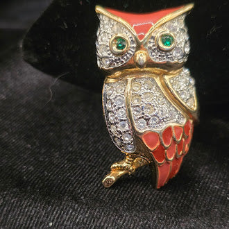 Gold Tone Red Enamel Owl Brooch With Clear Rhinestones And Green Eyes