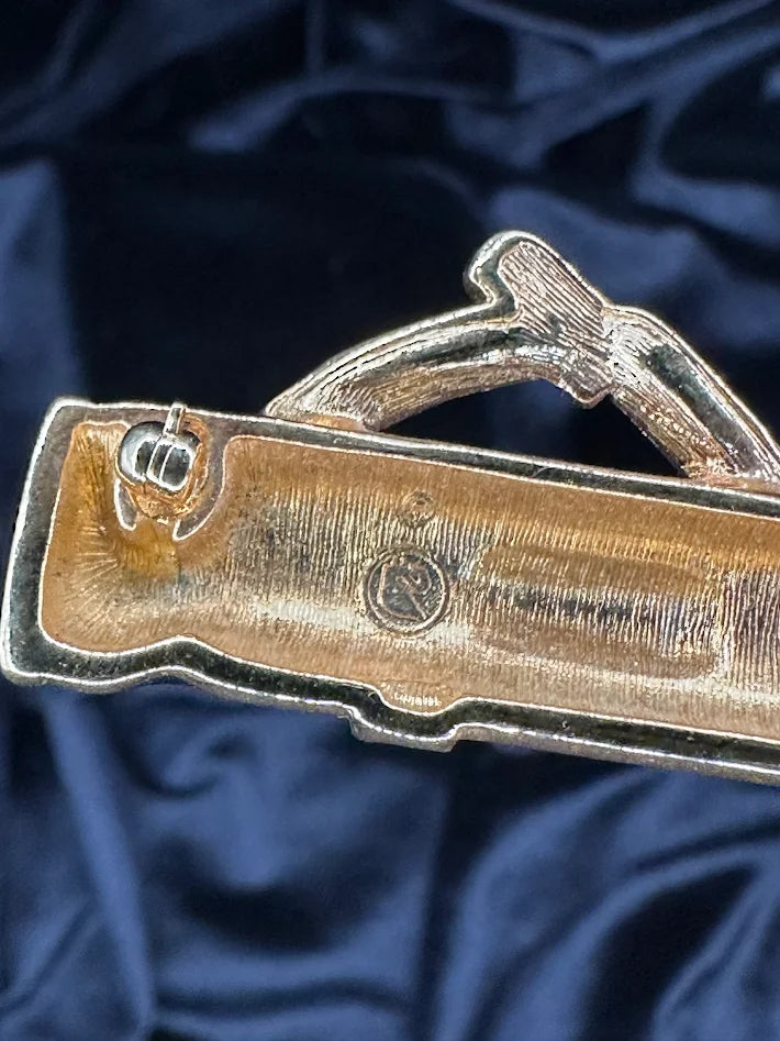 Swarovski Signed Golf Bag Brooch Gold Tone Black Enamel Crystal Rhinestone Pin Vintage
