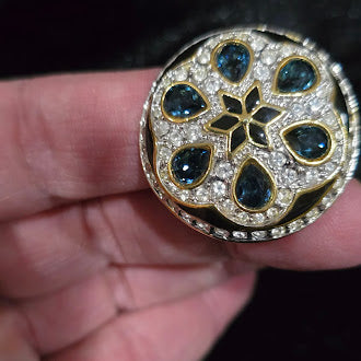 Museum Company Gold Tone Blue Teardrop Crystal Medallion Brooch | Pavé Rhinestone Statement Pin