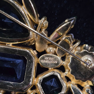 Alice Caviness Brooch and Earrings Set Gold Tone Multicolor Rhinestone Set Purple Green Orange Stones Black Navettes Signed Vintage Costume Jewelry