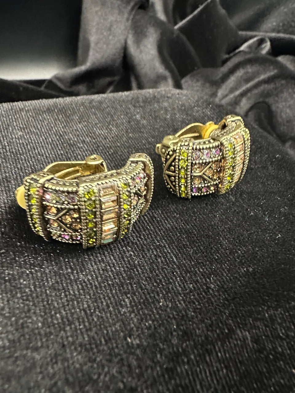 Heidi Daus Gold Tone Multicolor Crystal Hoop Earrings with Antiqued Statement Design