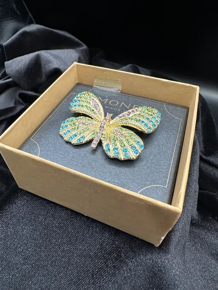 Monet Multicolor Crystal Butterfly Brooch Gold Tone Statement Pin With Original Box