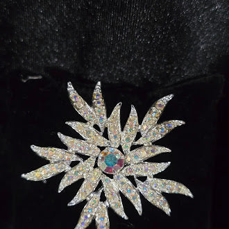 Signed Sarah Coventry Silver Tone Starburst Brooch with Aurora Borealis Rhinestones | Statement Spray Pin