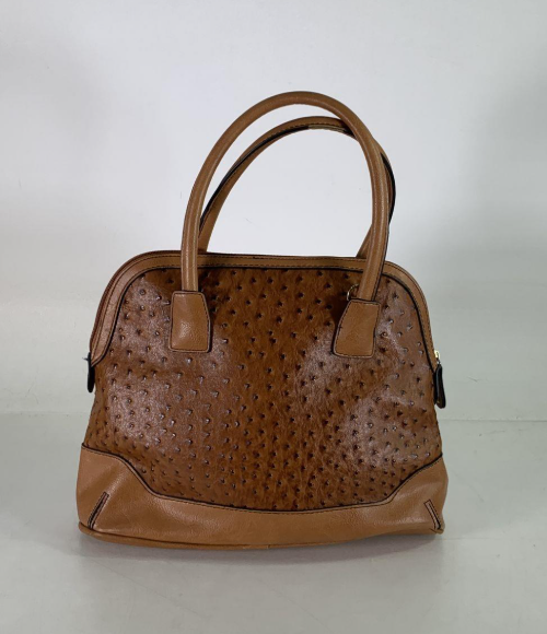 (SOLD) London Fog Brown Ostrich Embossed Dome Satchel Bag Structured Zip Top Shoulder Purse