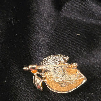 Enamel Lemon Brooch Yellow Lemon with Rhinestone Leaf and Green Crystal Accent, Gold Tone Fruit Pin