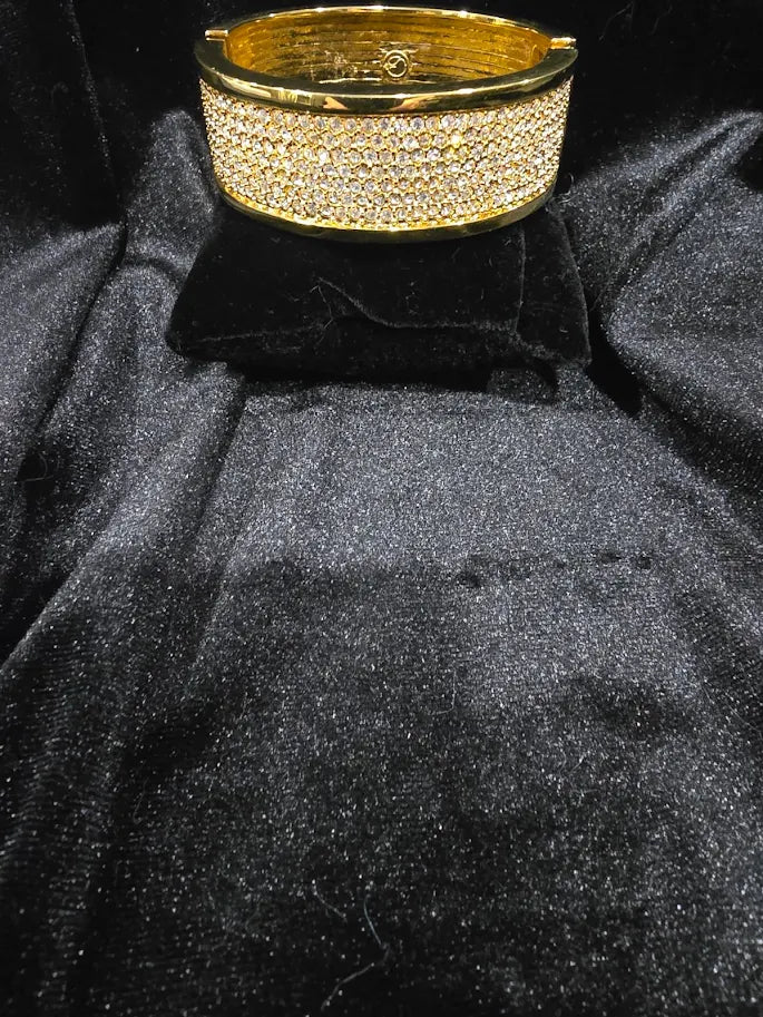 Vintage St. John Gold Tone Wide Rhinestone Hinged Bangle Bracelet | Heavy Designer Statement Cuff 97g