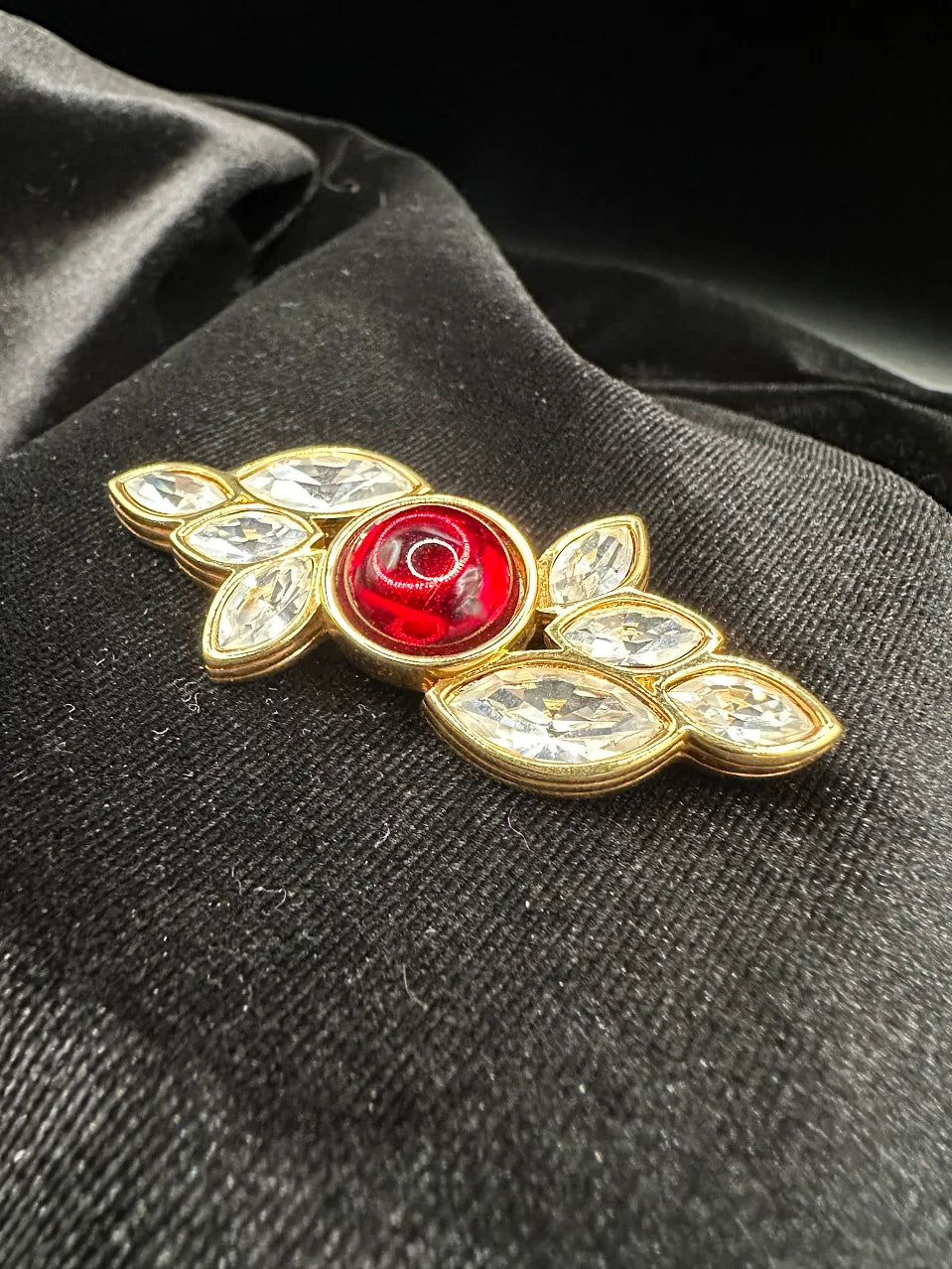 S.A.L. Swarovski America Ltd. Gold Tone Red Cabochon Crystal Leaf Brooch