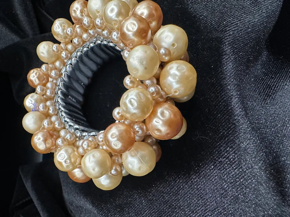 Faux Pearl Cluster Bracelet Champagne Ivory Beaded Stretch Statement Bracelet Bold Textured Bubble Jewelry