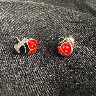 Silver Tone Red Enamel Ladybug Stud Earrings Cute Whimsical Insect Jewelry
