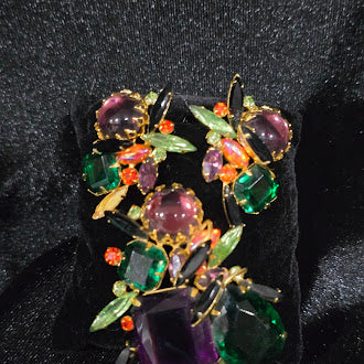 (CHECK FOR MISSING STONE) Alice Caviness Multicolor Rhinestone Brooch and Earrings Set | Signed Vintage Costume Jewelry