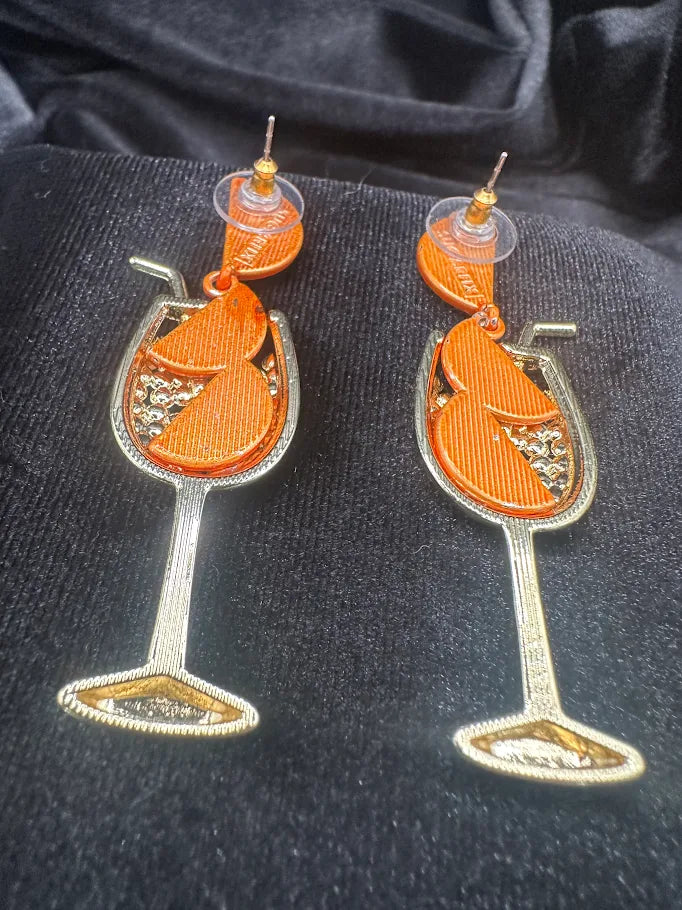 Cocktail Drop Earrings Gold Tone Orange with Crystal Detail