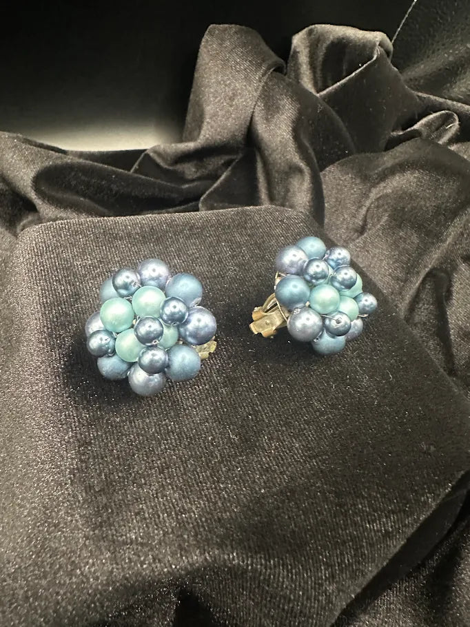 Vintage Blue Faux Pearl Beaded Cluster Clip Earrings | Dimensional Button Earrings