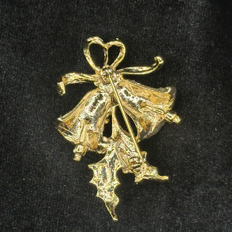 Vintage Christmas Bells Brooch with Red and Green Rhinestones