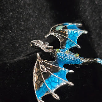 Silver Tone Blue Flying Dragon Brooch Enamel Wings Rhinestone Fantasy Creature Pin