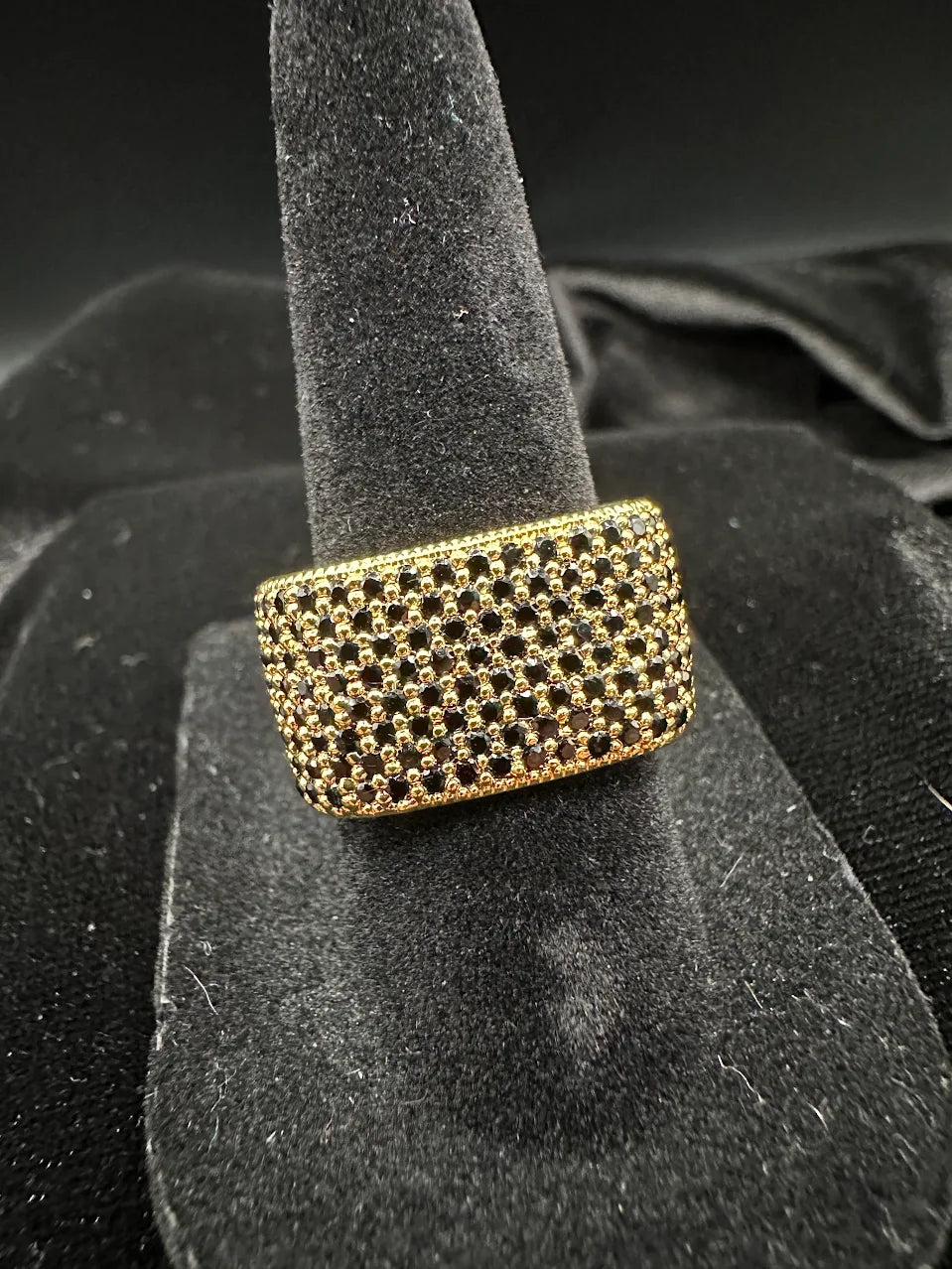 Gold Tone Black Crystal Square Statement Ring Wide Cocktail Design