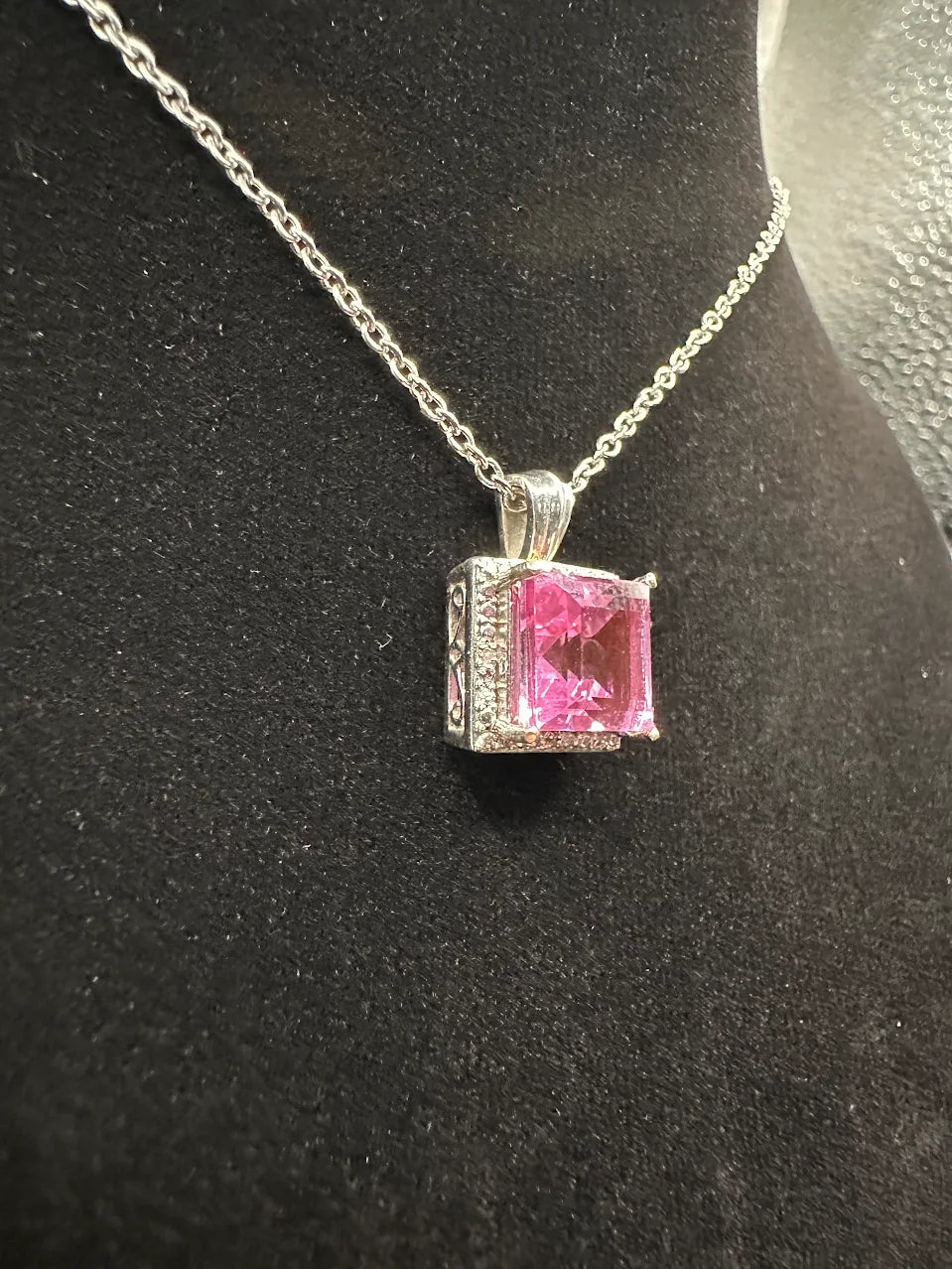 925 Sterling Silver Pink Topaz Pendant Necklace Square Halo Design