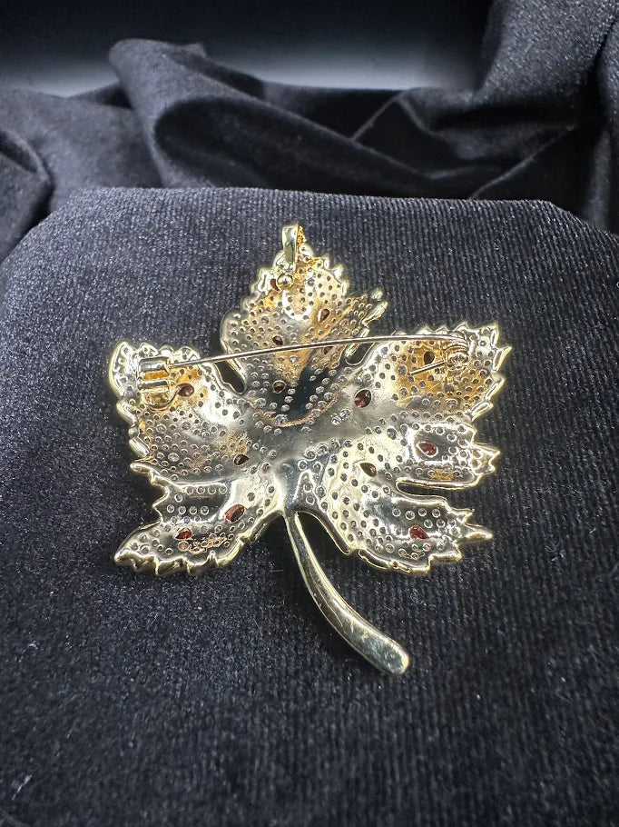 Gold Tone Rhinestone Maple Leaf Brooch with Red Orange Accents | Autumn Statement Pin