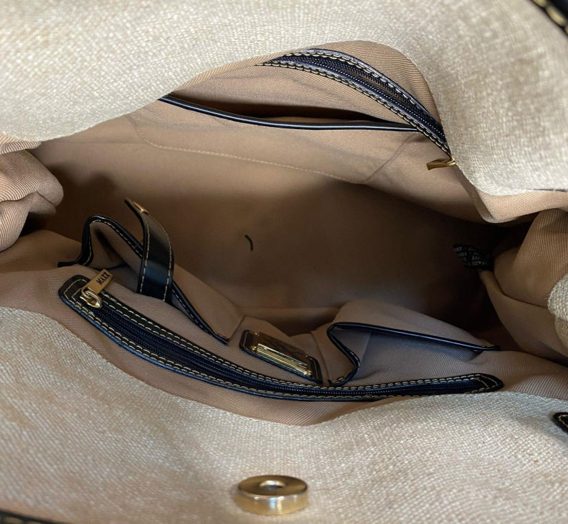 Maxx New York Canvas and Patent Trim Satchel Tote Bag Neutral Designer Shoulder Handbag