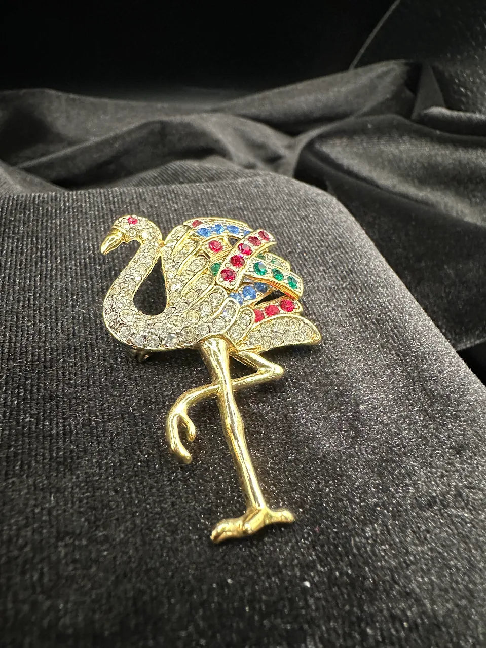 Gold Tone Multicolor Crystal Flamingo Brooch
