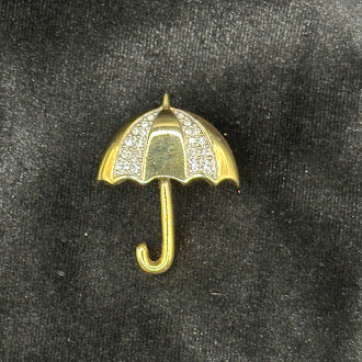 Gold Tone Umbrella Brooch with Clear Rhinestone Canopy Panel
