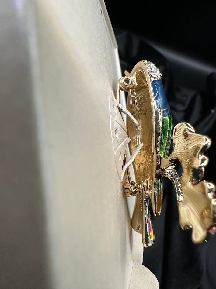 Anne Klein Crystal Bird Brooch Gold Tone Multicolor Enamel Pin With Original Box