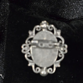 Vintage Victorian Revival Cameo Brooch with Pink & Purple Rhinestone Scroll Frame | Oval Portrait Pin