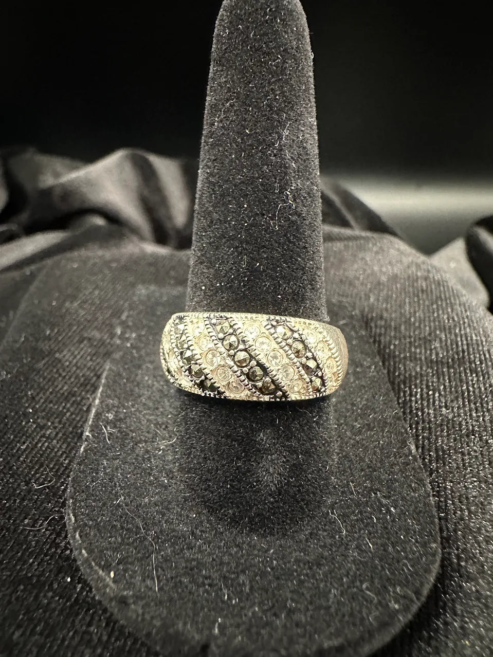 Silver Tone Crystal Band Ring with Black Accent Stripes