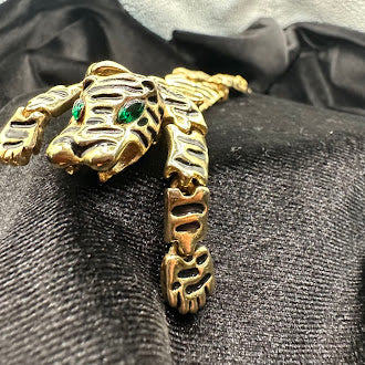 Gold Tone Articulated Tiger Brooch Green Eye Detail Jointed Design