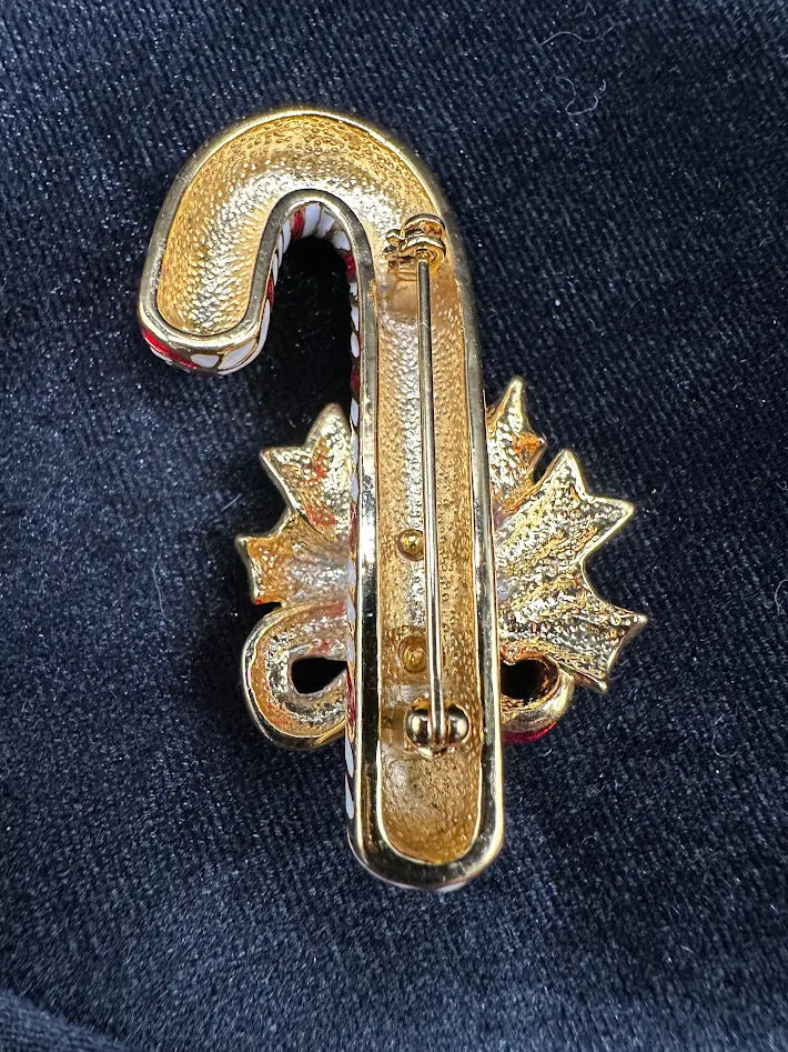 Vintage Style Candy Cane Christmas Brooch Red White Enamel Holly Bow Gold Tone Pin