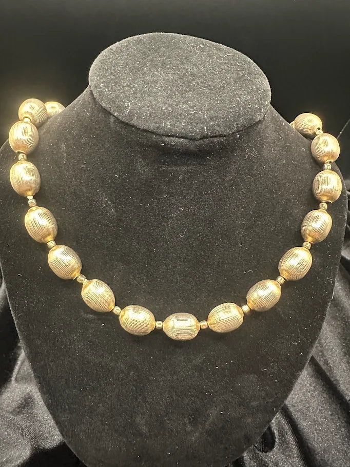 Trifari Gold Tone Textured Oval Bead Necklace Vintage Statement Jewelry