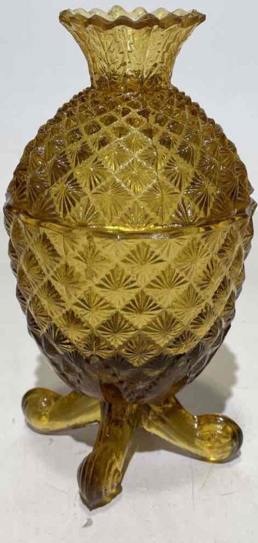 Amber Glass Pineapple Lidded Candy Dish Vintage Covered Compote Hospitality Decor