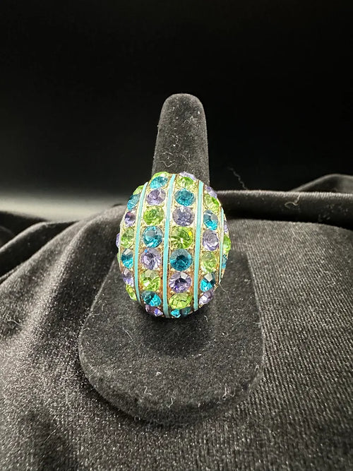 Akkad Gold Tone Multicolor Crystal Dome Ring Turquoise Stripe Statement Ring Bold Cocktail Ring