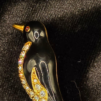 Black Enamel Penguin Brooch With Gold Tone Trim And Rhinestone Wing