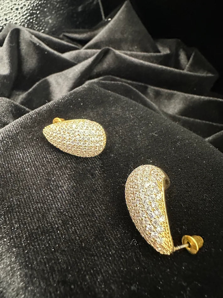 Gold Tone Pavé Crystal Teardrop Stud Earrings Micro Pave Rhinestone Statement Elegant Jewelry