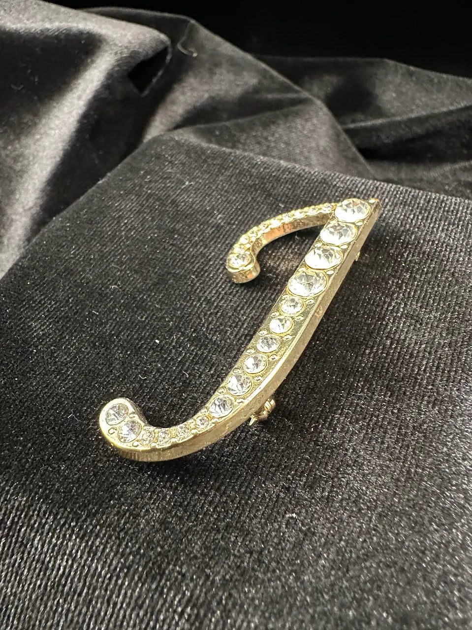 (SOLD) Gold Tone Clear Crystal Initial J Brooch