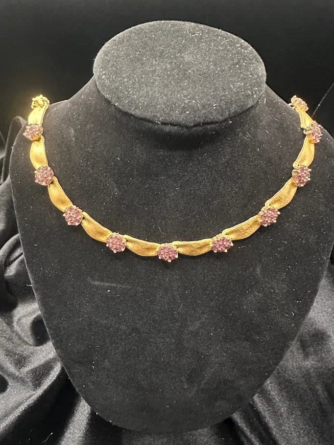 (SOLD) Trifari Gold Tone Ribbon Necklace with Ruby Red Stone Accents