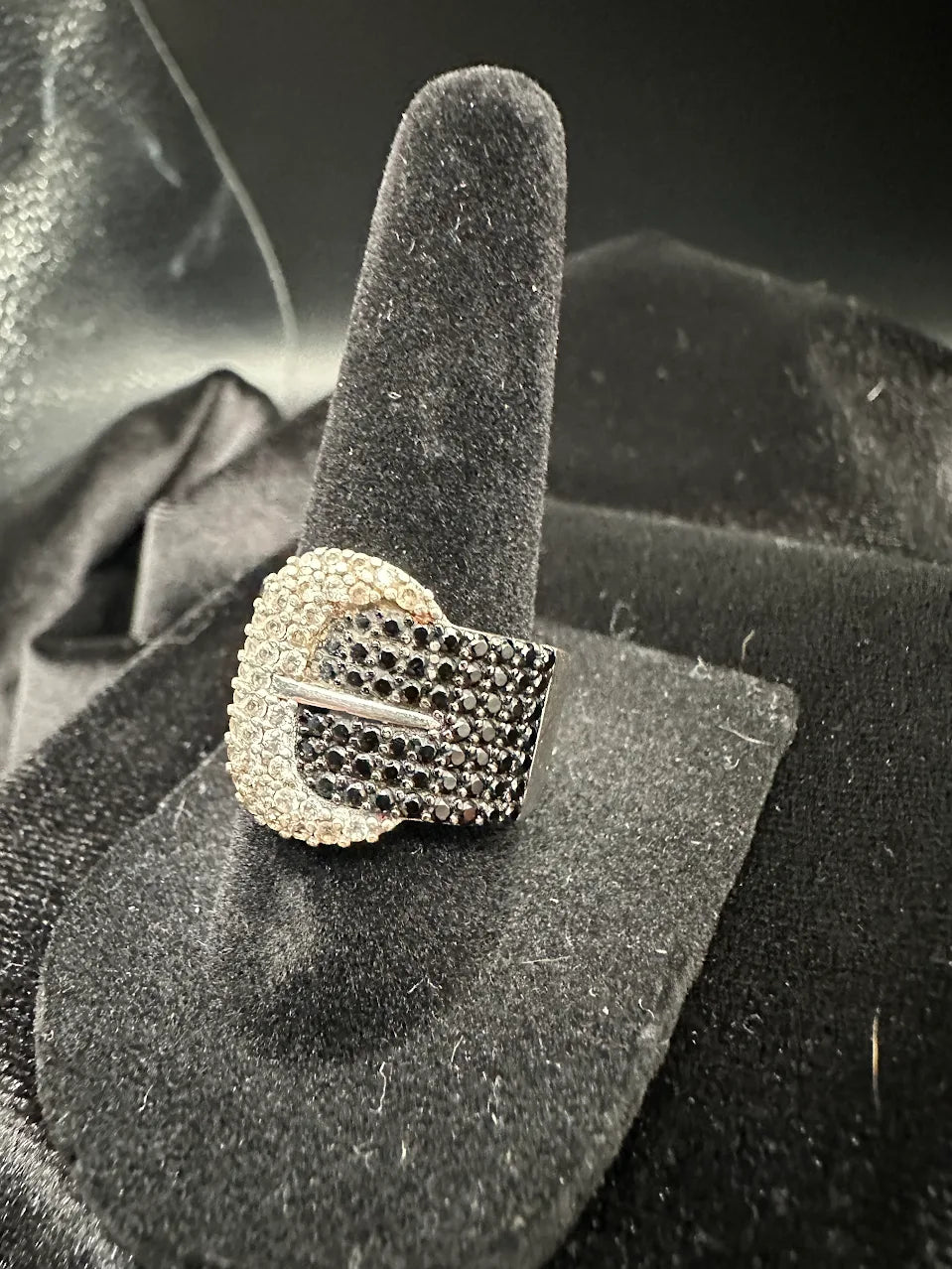 Silver Tone Black Crystal Buckle Ring Wide Band Statement Design