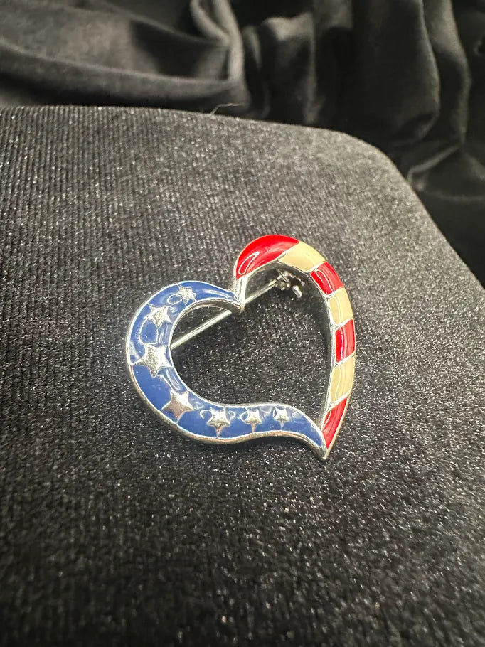 NOAV Silver Tone Patriotic Heart Brooch with Red White and Blue Enamel