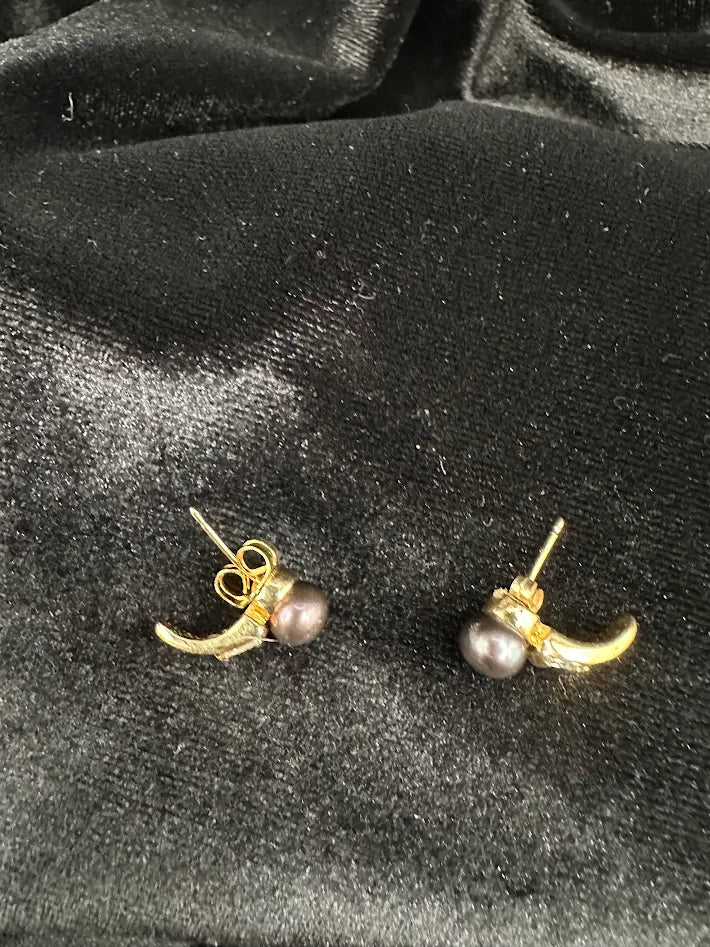 Gold Tone Black Pearl Wing Stud Earrings Pavé Crystal Accent Sculptural Statement Jewelry