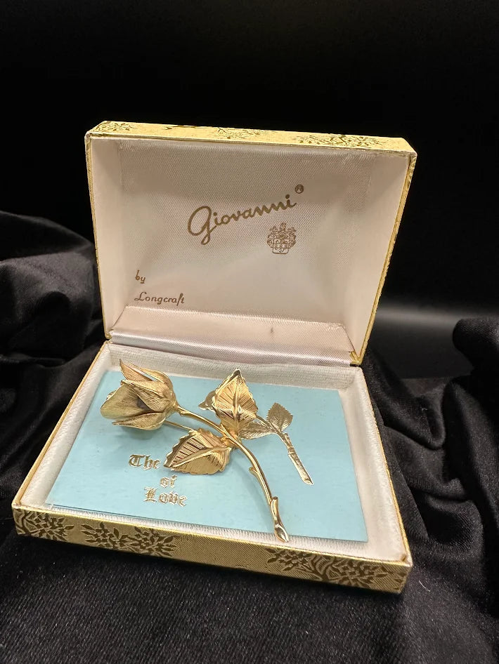 Giovanni Gold Tone Rose Brooch Longcraft Vintage Floral Pin With Original Box