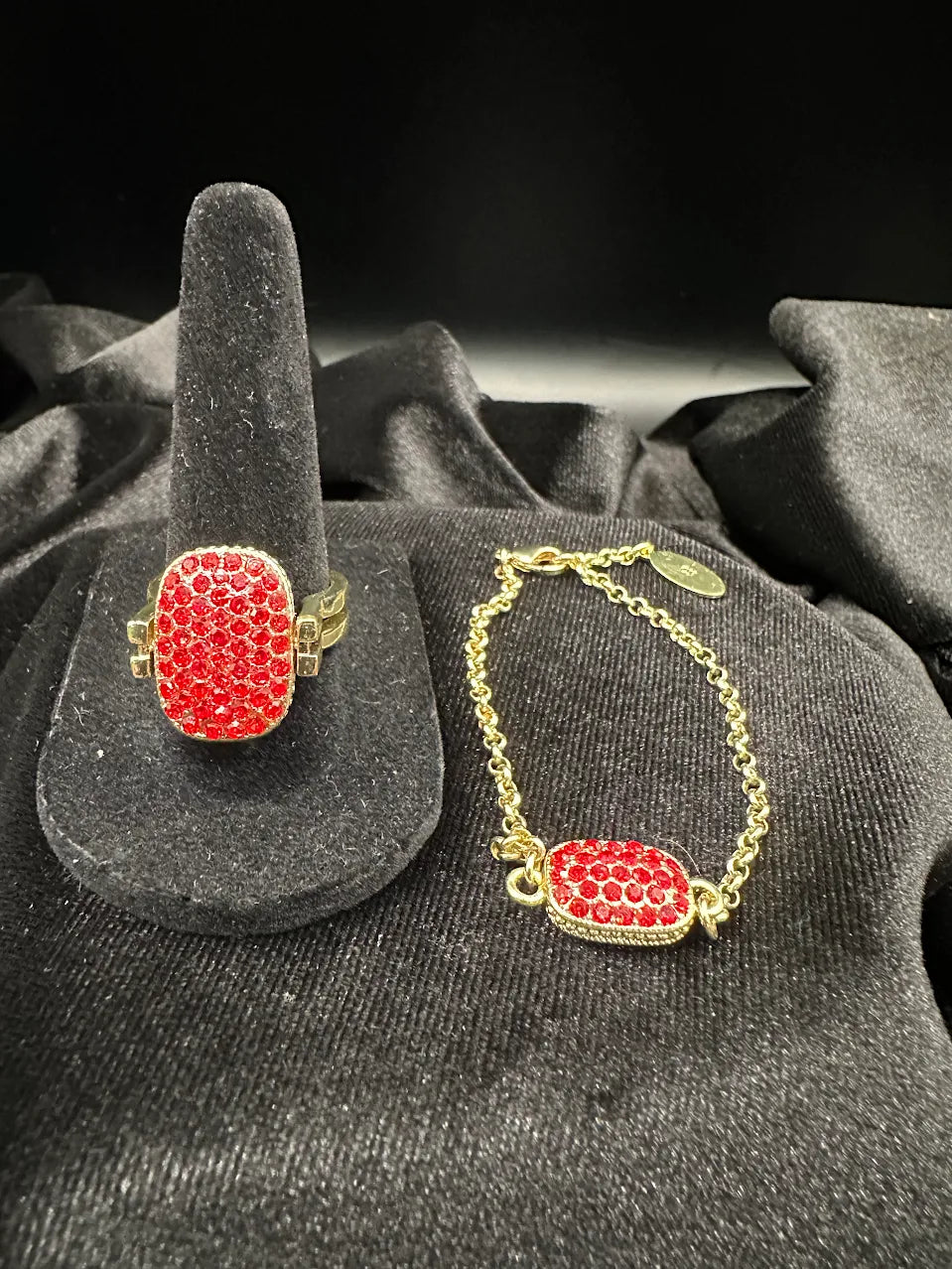 Heidi Daus Reversible Crystal Ring & Bracelet Set Red Pink Pave Statement Designer Jewelry