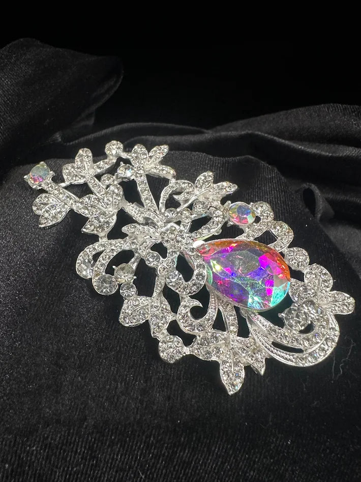 Large Iridescent Crystal Statement Brooch Silver Tone Filigree Vintage Style Art Glass Rhinestone Pin