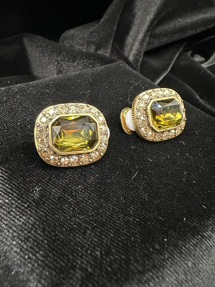 Heidi Daus Green Crystal Clip Earrings Gold Tone Rhinestone Halo Statement Designer Cushion Cut