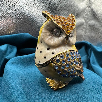 Rhinestone Owl Magnetic Trinket Box | Blue Amber Crystal Enamel Finish Figurine