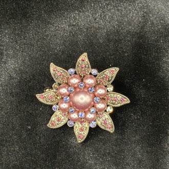 Gold Tone Pink Faux Pearl Flower Brooch Rhinestone Accents Statement Floral Pin