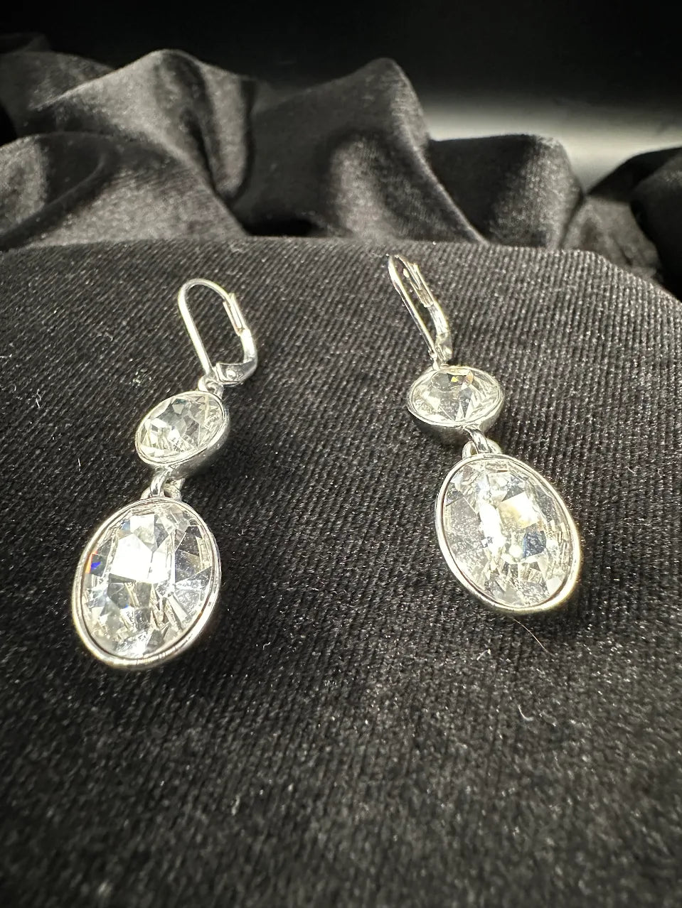 Givenchy Crystal Drop Earrings Silver Tone Oval Cut Clear Rhinestone Dangle Signed Vintage Bridal