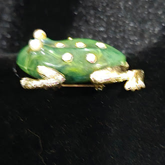 Jelly Belly Frog Brooch Green Lucite Style Body Pin with Rhinestones Gold Tone Legs and Feet Novelty Animal Jewelry Safety Clasp