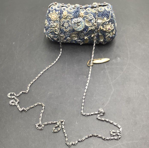 Mary Frances Beaded Floral Clutch with Chain Strap | Blue Gold Embellished Evening Handbag