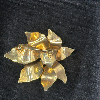Vintage Cerrito Poinsettia Brooch Red Enamel Gold Tone Christmas Flower Pin Signed